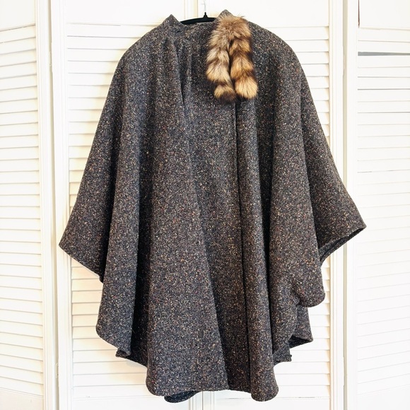 Vintage 1960s Cape Wool Coat with Fur Tails 60s MOD Flecked Tweed Black Gray - Picture 1 of 12